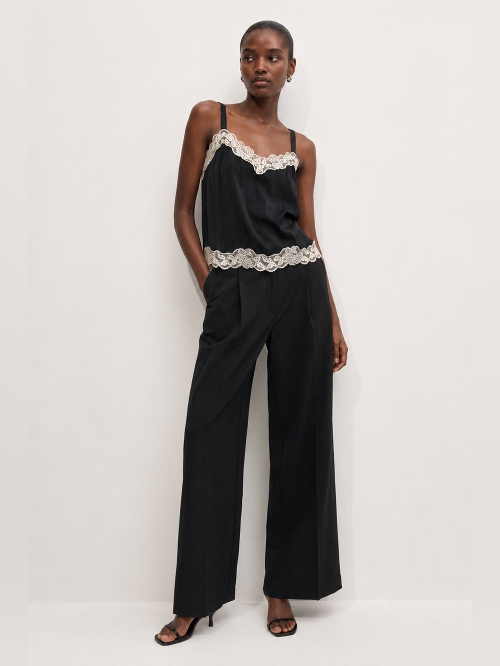 H&M Black & Cream Lace Trim Satin Camisole Top – Size 6